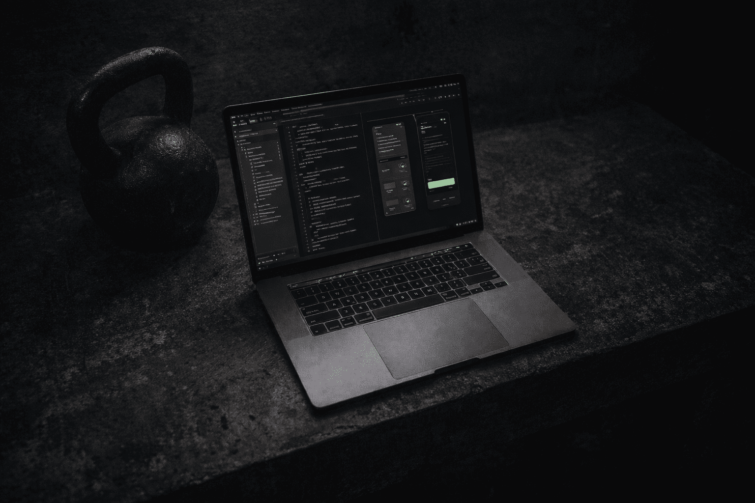 Kettlebell beside an open laptop
